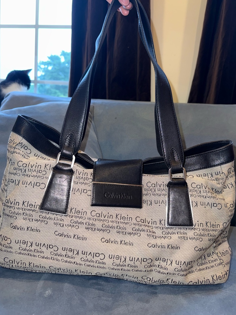 Vintage Calvin Klein Beige Canvas and Black Leather Logo Tote Bag